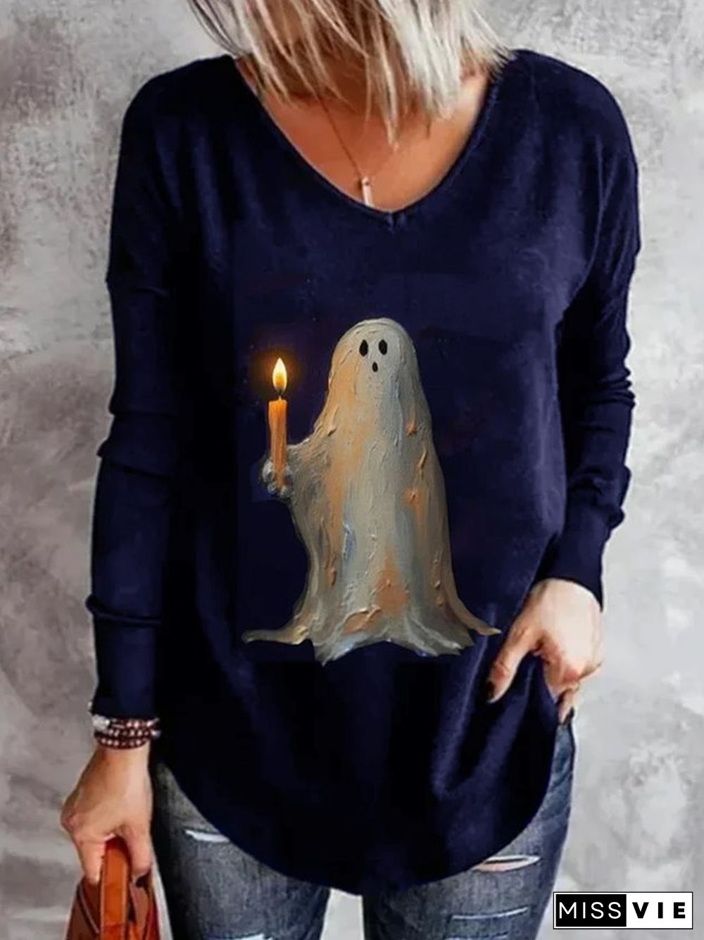 Casual Halloween V Neck Long Sleeve T-shirt