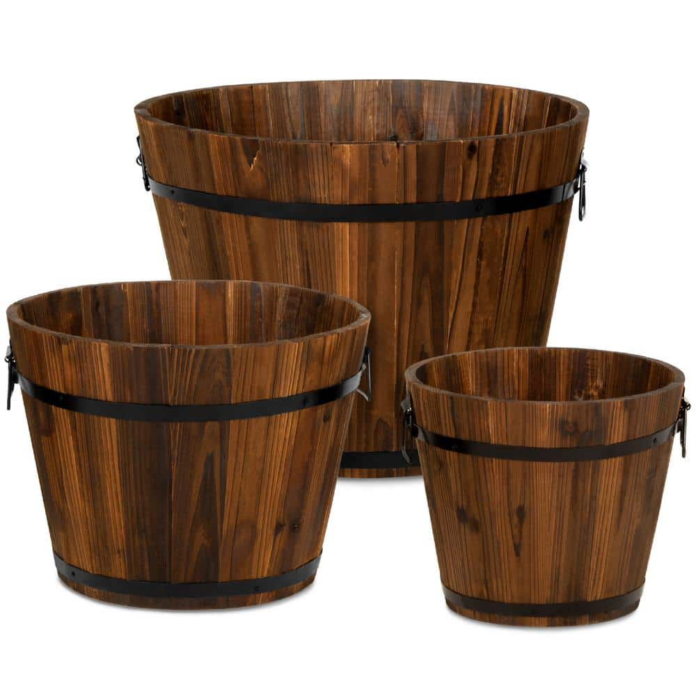 Best Choice Products Rustic Wood Bucket Planter Set with Drainage Holes (3-Pack) SKY3306