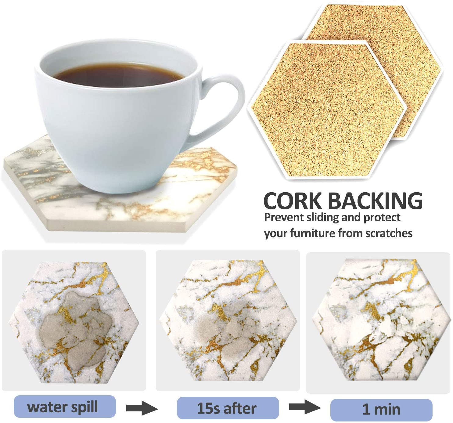 Hommtina 8 Pcs Drink Gold Coasters with Metal Holder Stand ， Marble Coasters Design Ceramic Coaster Set， Cork Base， for Tabletop Protection， Home Decor， Bar Coasters