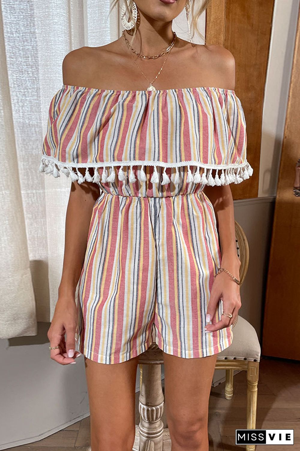 Striped Print Fringed One-shoulder Rompers Wholesale