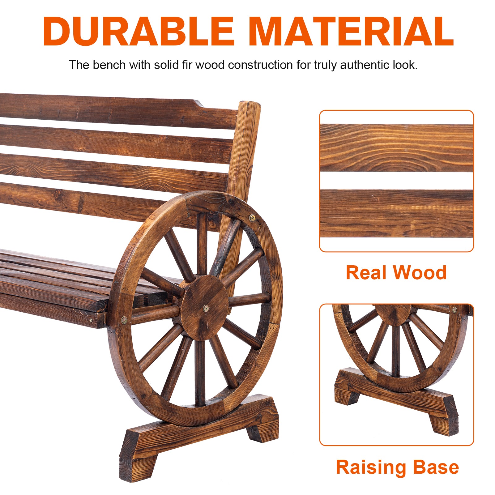 3-Person Wooden Wagon Wheel Bench for Patio, Garden, Outdoor Lounging w/ Rustic Design - Brown