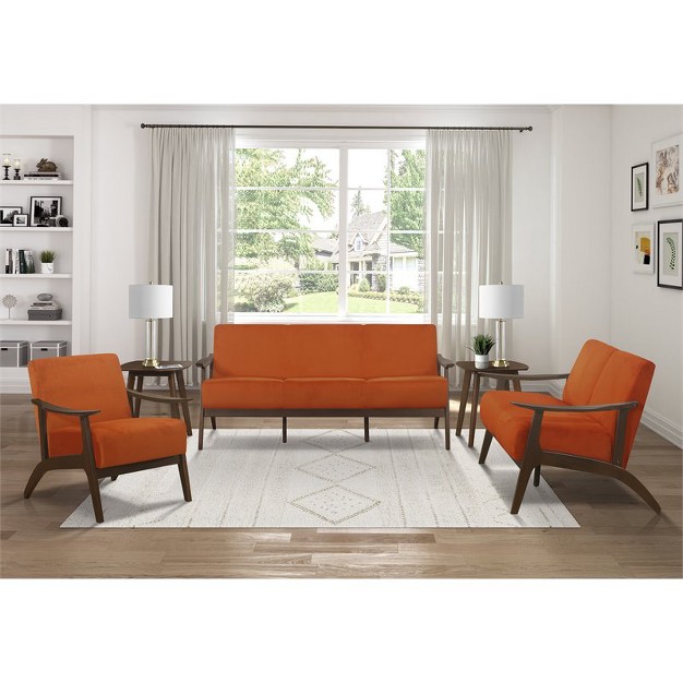 Carlson Velvet Upholstered Loveseat In Orange And Dark Walnut Lexicon