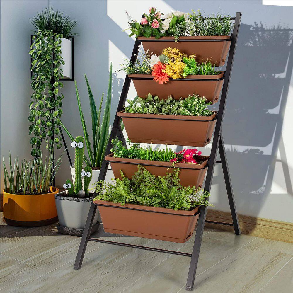 Alpulon 22.5 in. L x 29 in. W x 48.5 in. H 5-Tier Brown Plastic Vertical Planter Box Elevated Raised Bed ZY1C0340-1