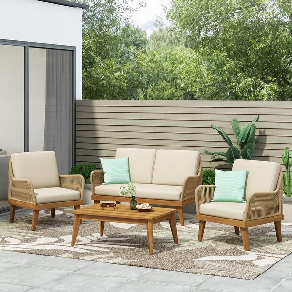 Outdoor Acacia Wood Chat Set with Coffee Table， Arm Chairs and Loveseat