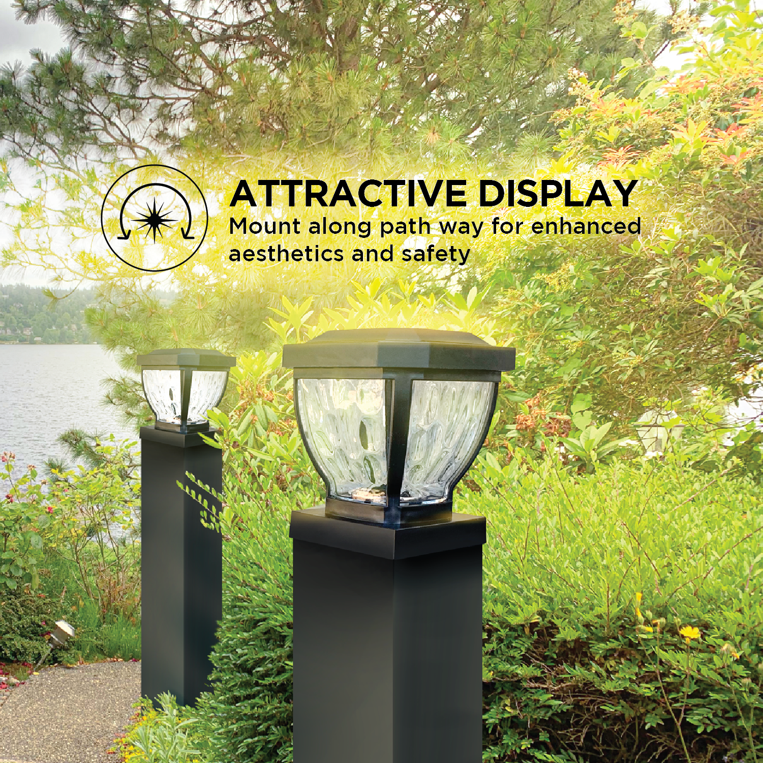 Home Zone Security Solar Post Cap Lights - 2-Pack， Glass + LED， Fits 3.5