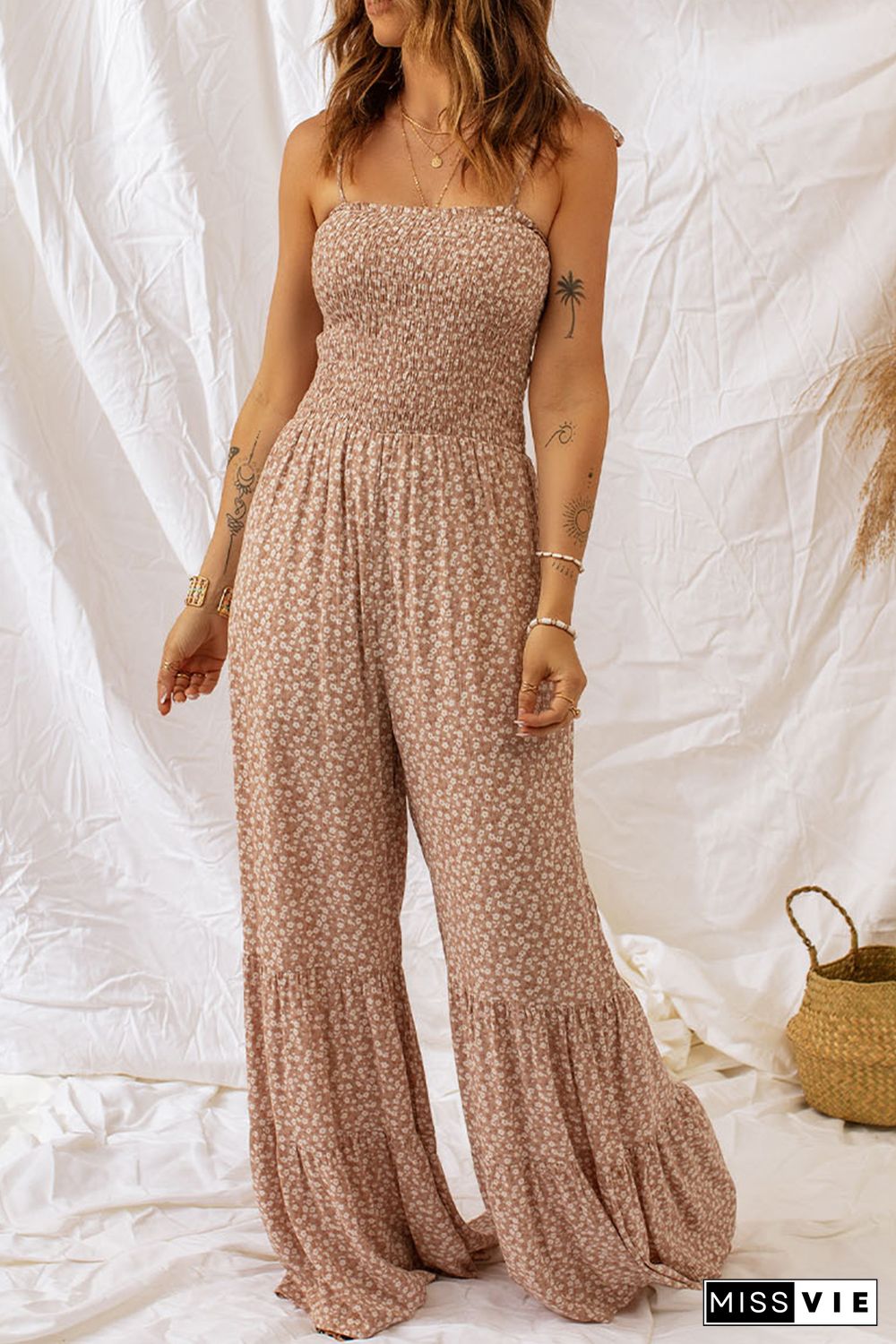 Khaki Thin Straps Smocked Bodice Wide Leg Floral Jumpsuit