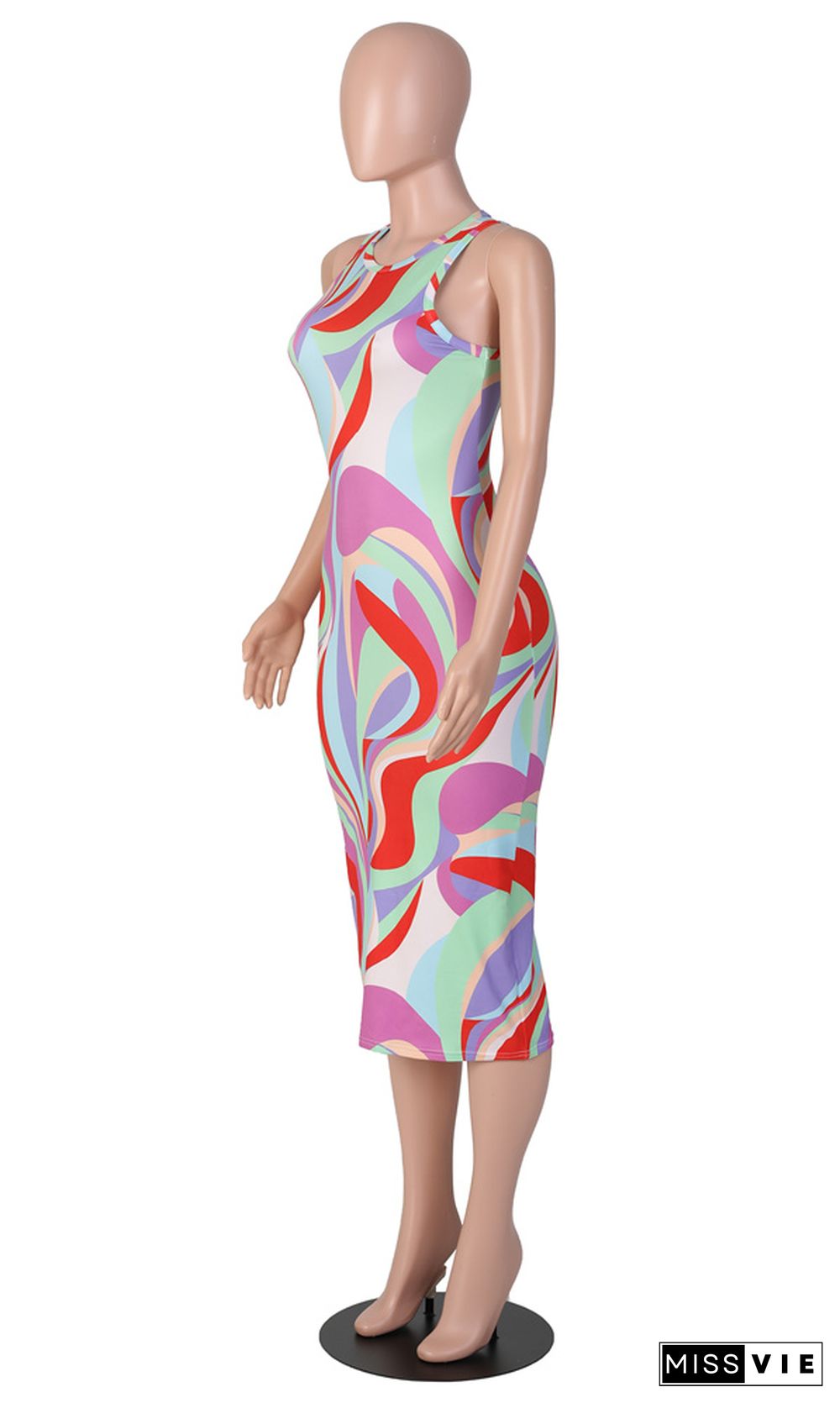 Aesthetic Print O-Neck Sleeveless Skinny Dresses