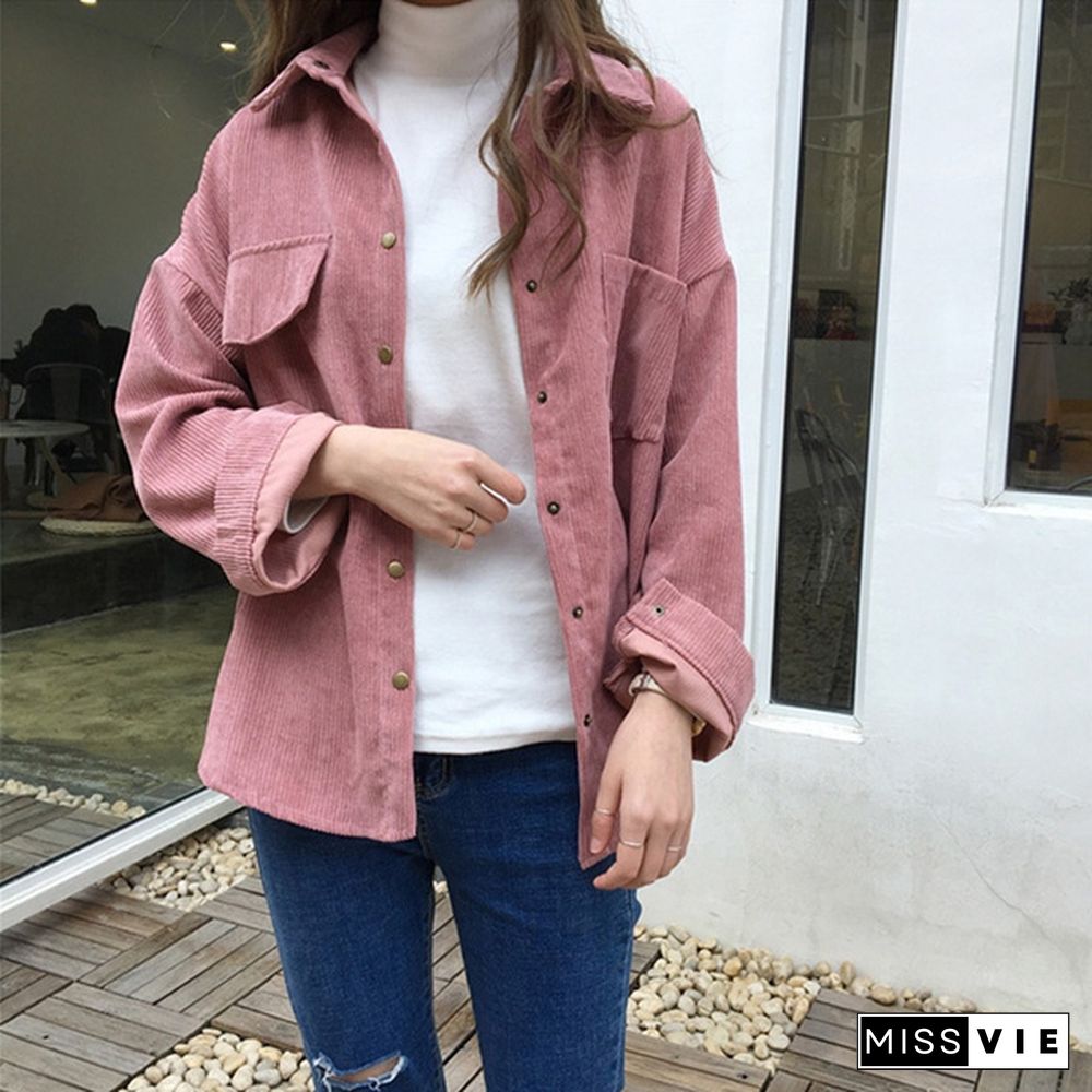 Women Vintage Spring Autumn Loose Shirts Korean Style Solid Color Blouse Long Sleeve Corduroy Coat