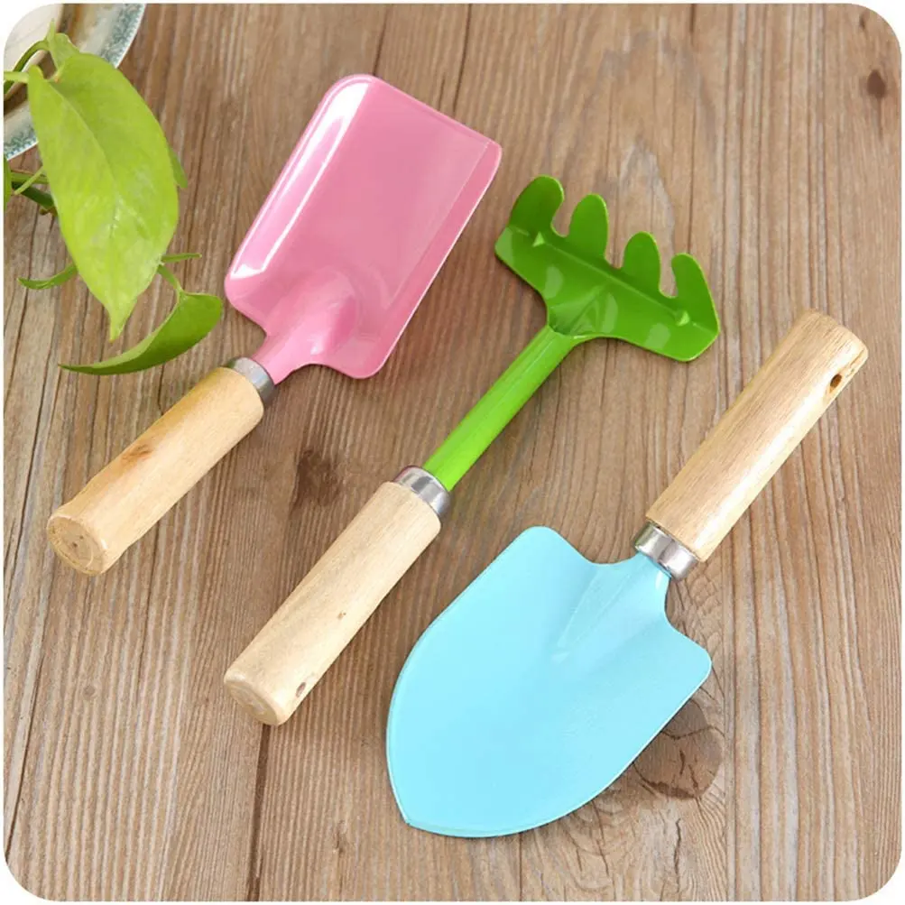 3 Piece Set Mini kids Garden Tool Spatula Rake Seedling Machine for Outdoor Potted Flowers Iron Wood