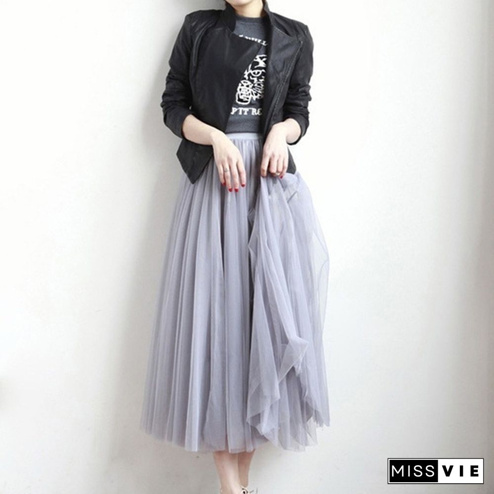 Three-Layer Fashion Tulle Skirts Women Summer Elastic High Waist Long Mesh Skirt Tutu Maxi Pleated Skirt