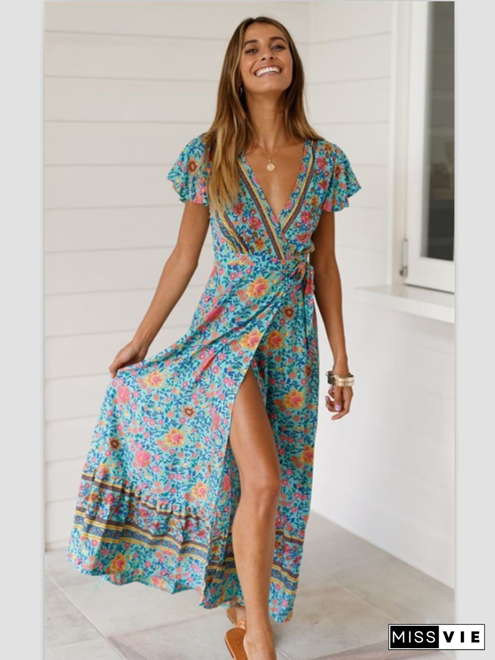 Floral V-Neck Short Sleeve Maxi Dress