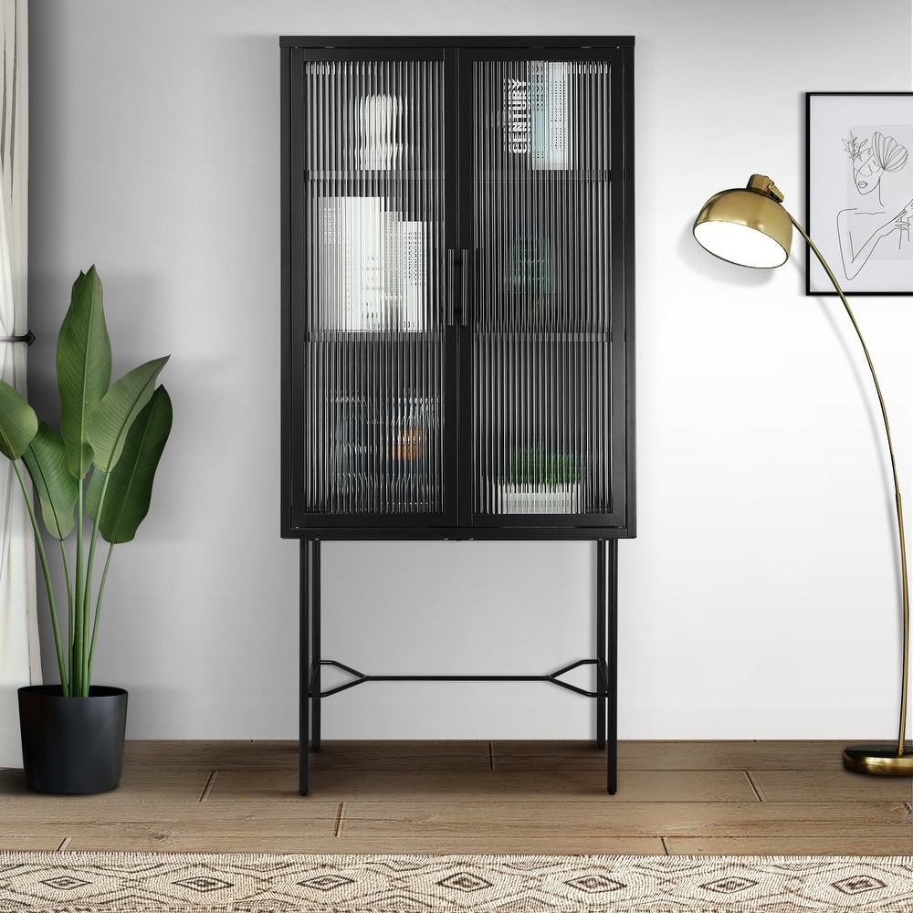 Elegant Floor Cabinet with 2 Tampered Glass Doors Living Room Display Cabinet