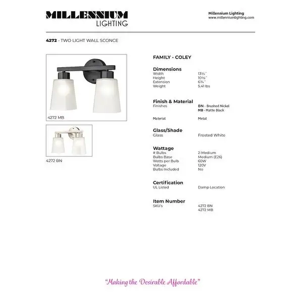 Millennium Lighting Coley 2 or 3 Light Vanity Fixture in Brushed Nickel or Matte Black with Frosted Glass Shades