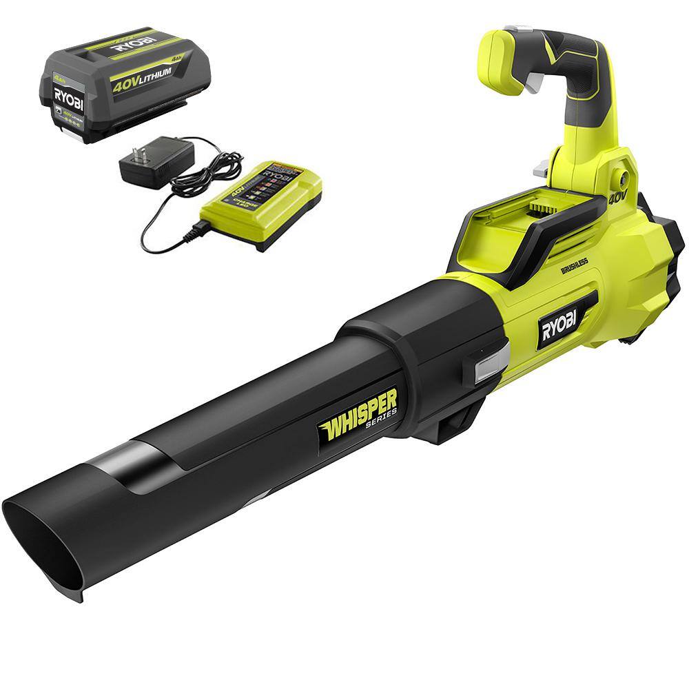 RYOBI 40V Brushless 125 MPH 550 CFM Cordless Battery Whisper Series Jet Fan Blower with 4.0 Ah Battery and Charger RY40470