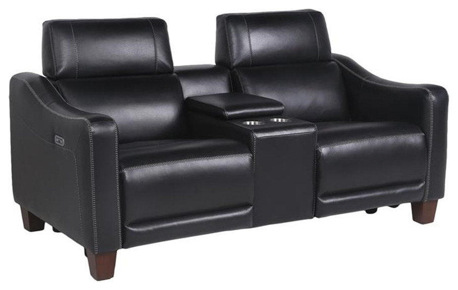 Bowery Hill Transitional Power Console Leather Loveseat in Black   Contemporary   Loveseats   by Homesquare  Houzz