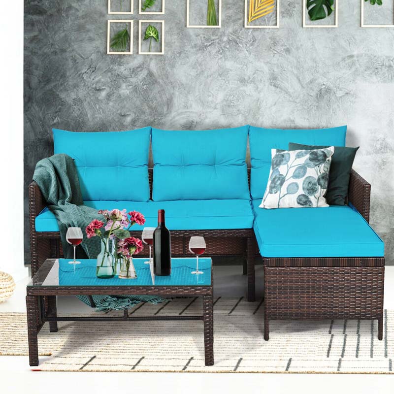 3 Pcs Rattan Patio Furniture Set Outdoor Conversation Sofa Set with Loveseat Chair & Coffee Table