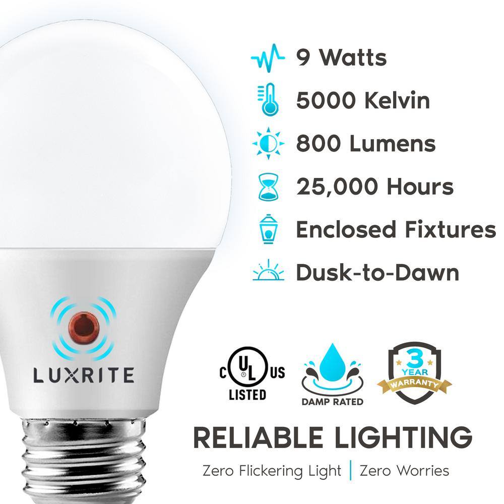 LUXRITE 60-Watt Equivalent A19 E26 Base Dusk to Down Sensor LED Light Bulb 5000K Bright White 4-Pack LR21473-4PK