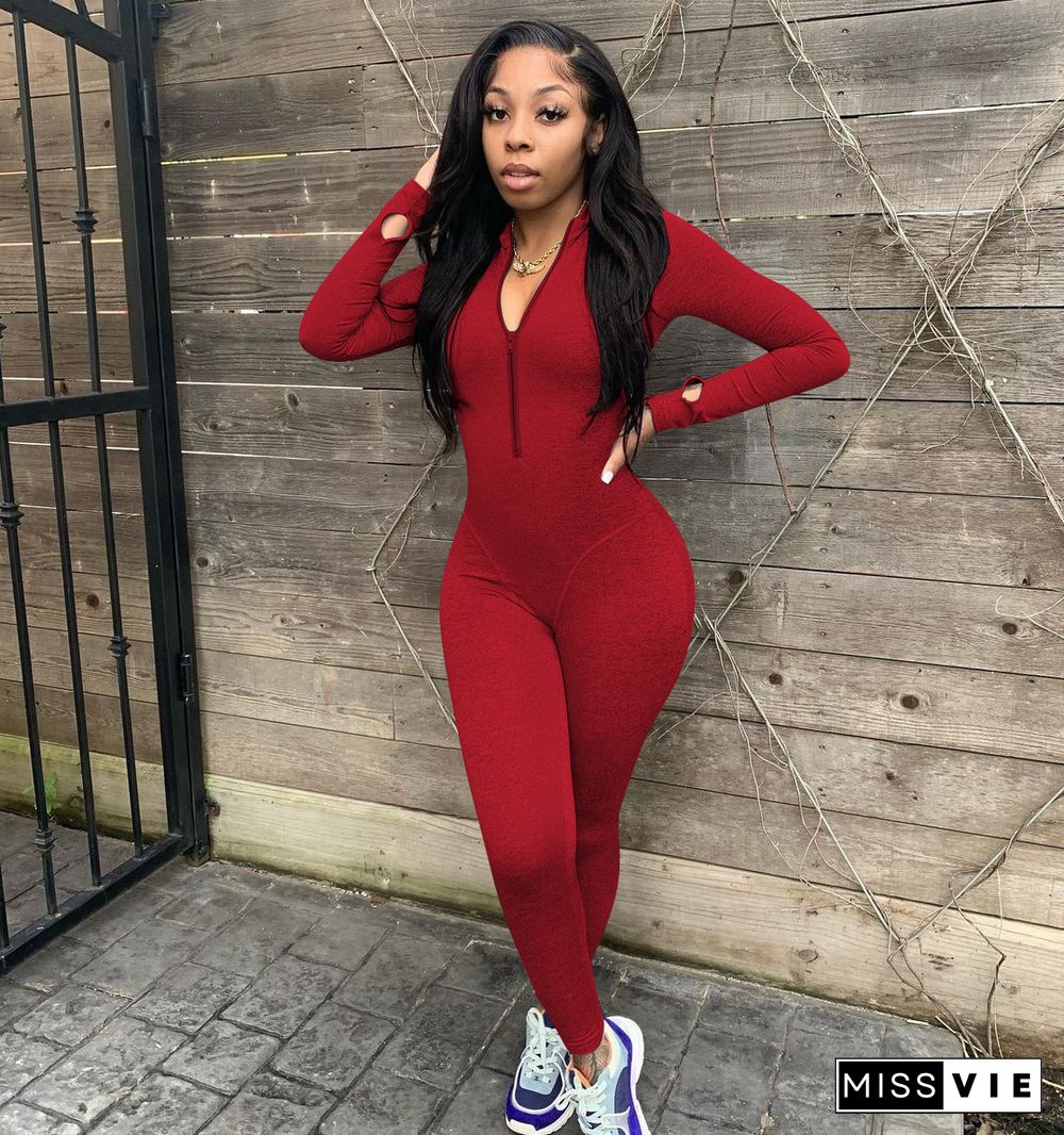 Solid Long Sleeve Skinny Fitness Jumpsuits