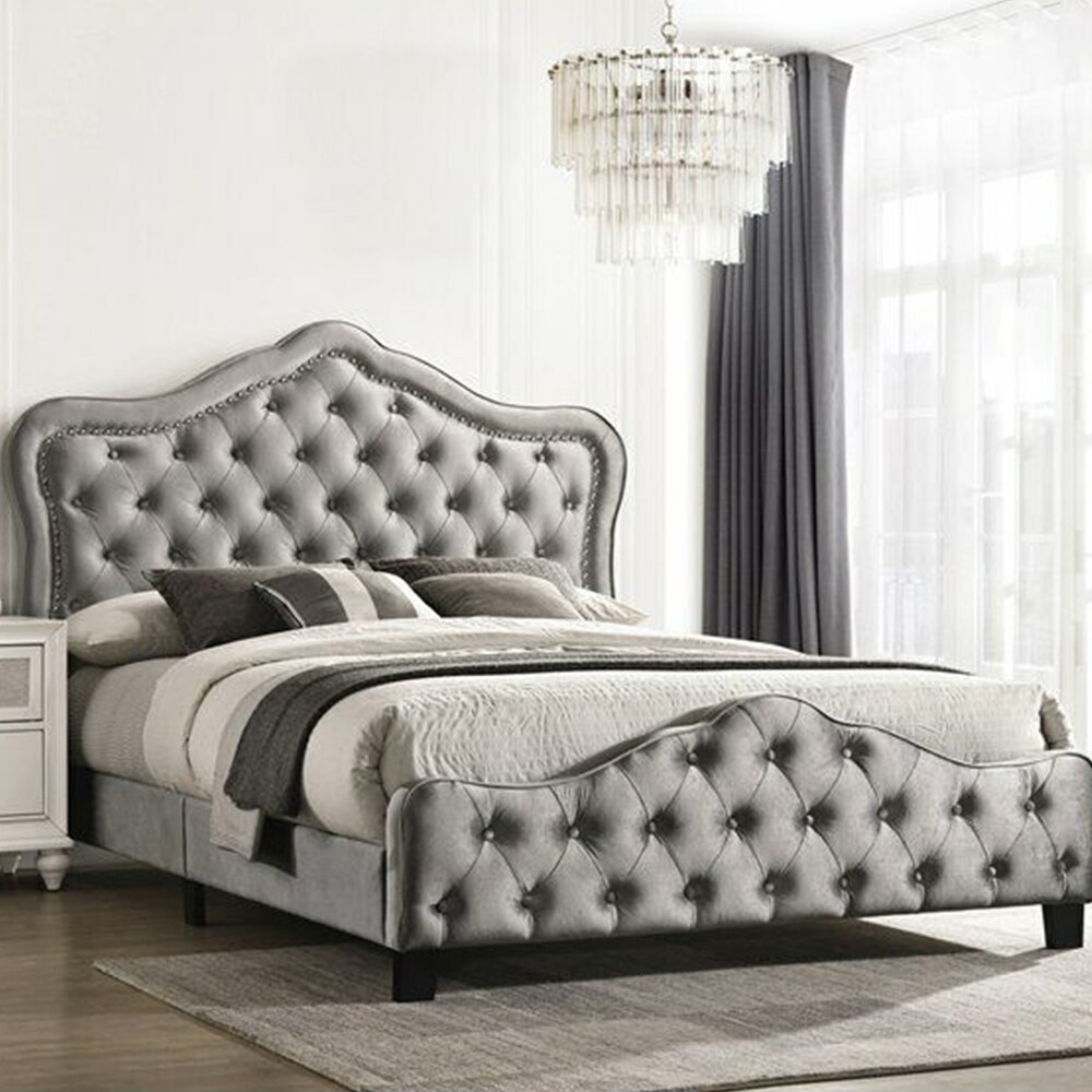 Upholstered Tufted Velvet California King Panel Bed in Gray