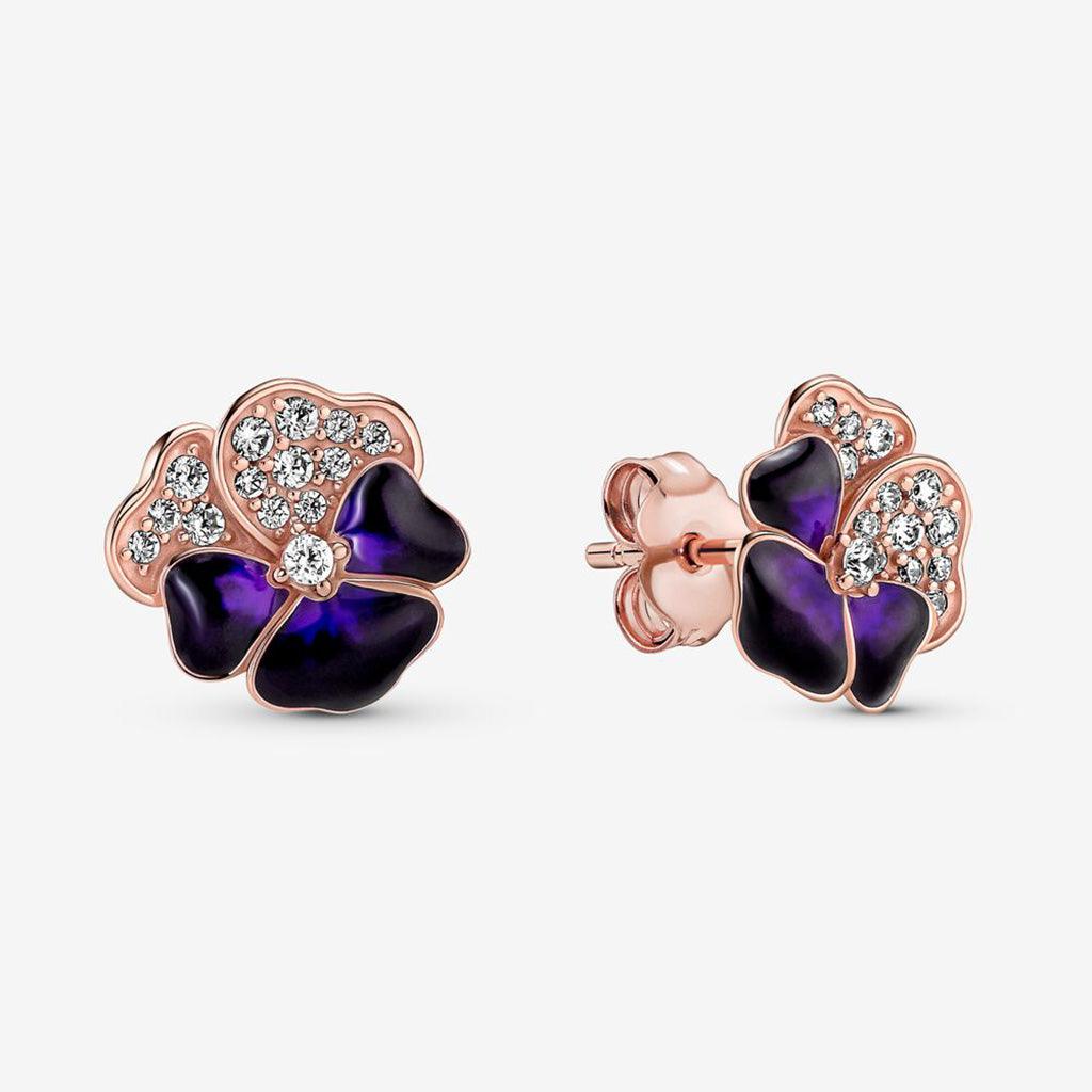 PANDORA  Deep Purple Pansy Flower Stud Earrings