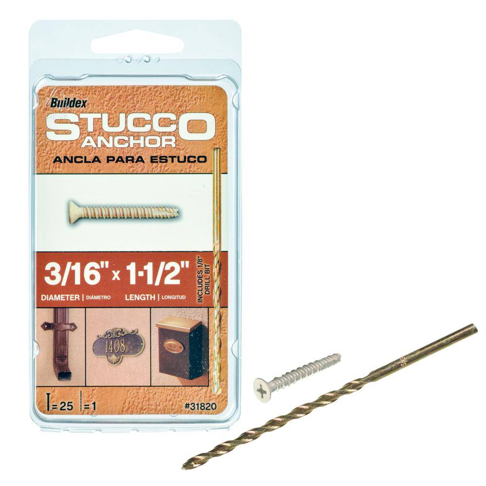 Buildex 316 in. x 1-12 in. Steel Flat-Head Phillips Stucco Anchors with Drill Bit (25-Pack) 31820