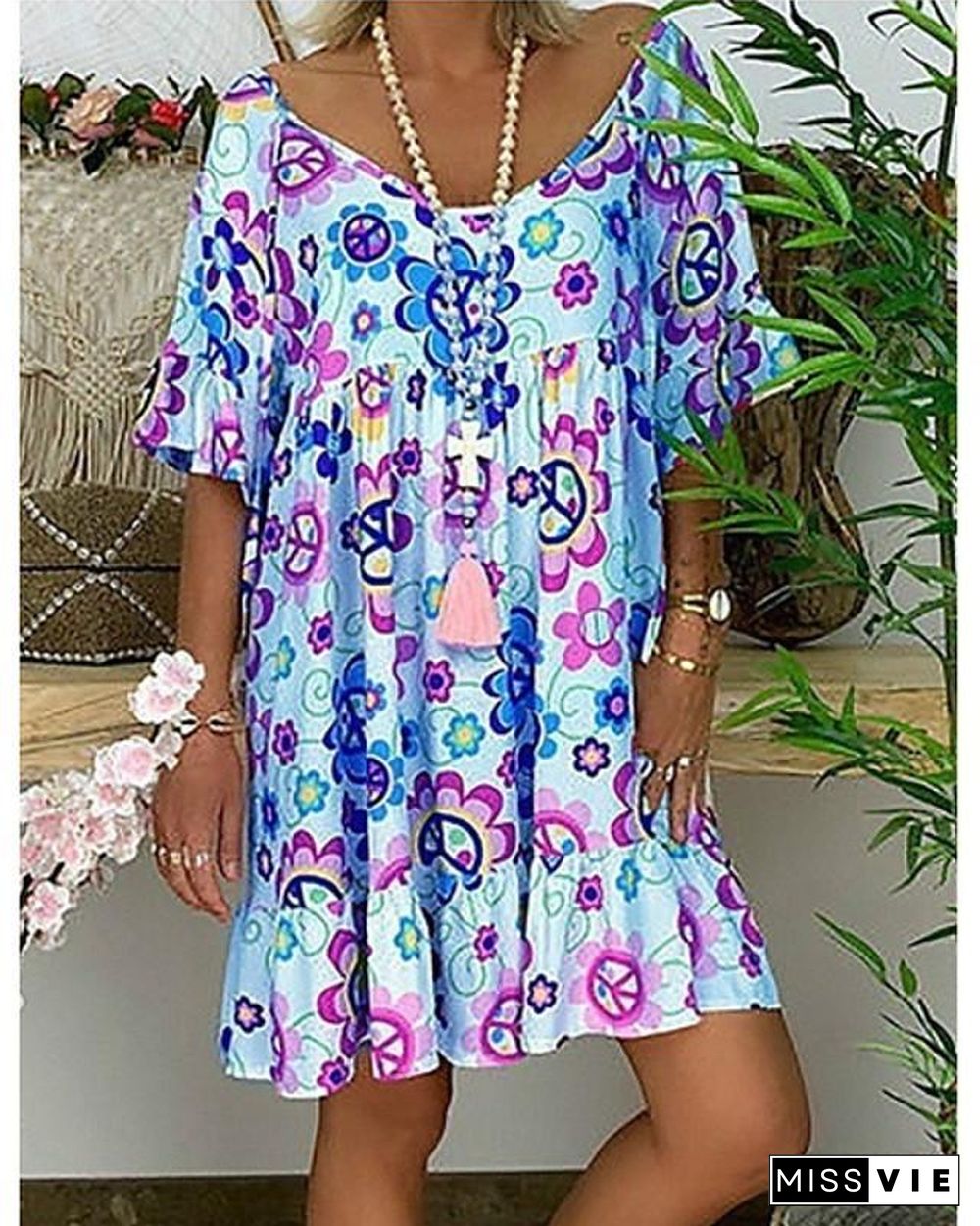 Women's Tunic Knee Length Dress - Short Sleeve Floral Print Summer Basic Hot White Blue Red Light Blue M L XL XXL 3XL 4XL 5XL-0218817