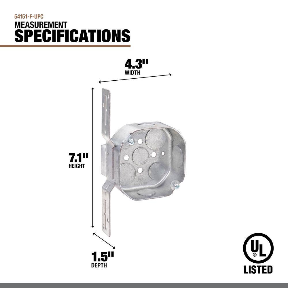 Southwire 4 in. W x 1-12 in. D Steel Metallic Octagon Box with Five 12 in. KO's Three 34 in. KO's and F Bracket 1-Pack 54151-F-UPC