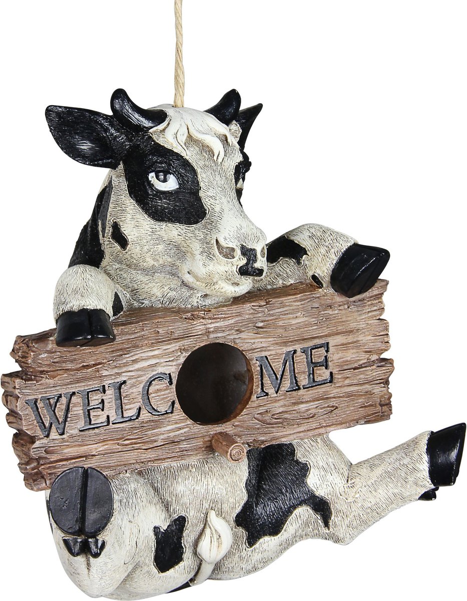 Exhart Hand Painted Cow with Welcome Sign Hanging Resin Bird House