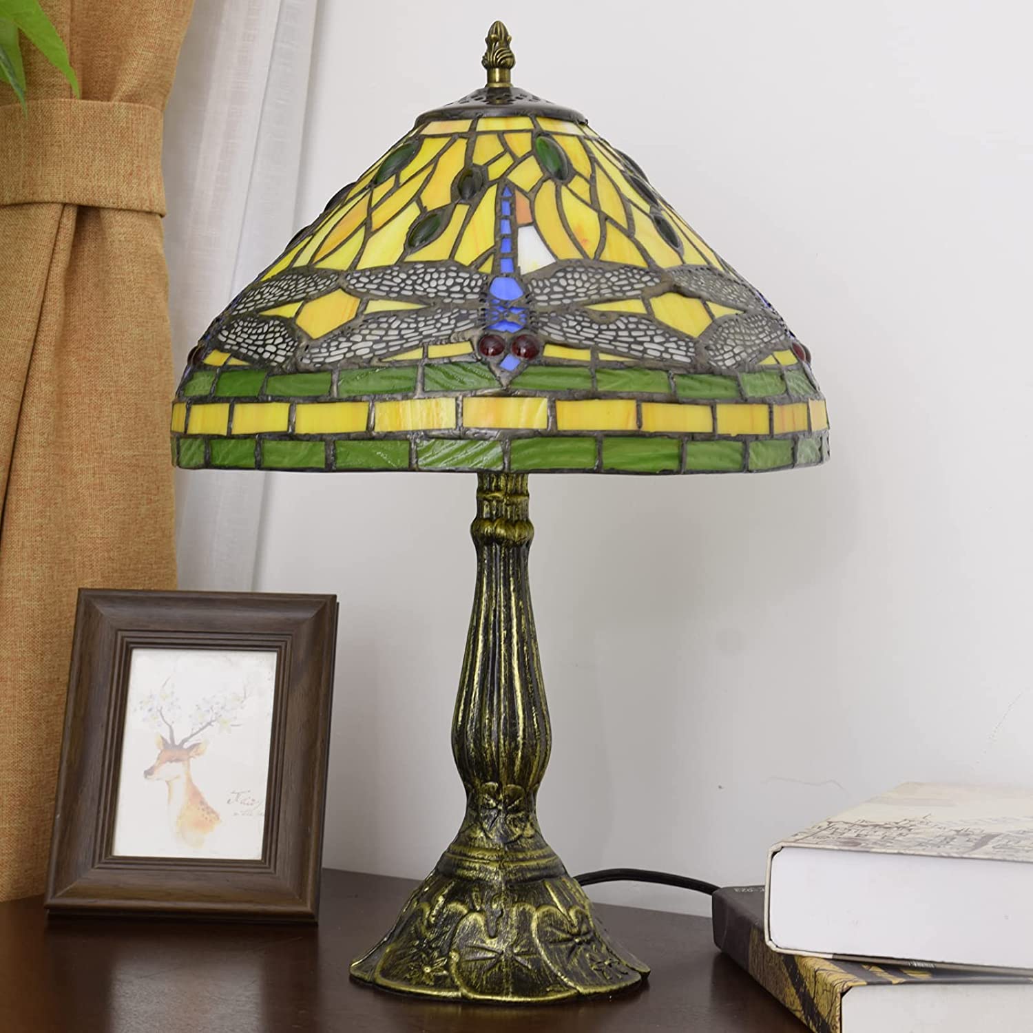 SHADY  Lamp Stained Glass Lamp Dragonfly Yellow Bedroom Table Lamp Reading Desk Light for Bedside Living Room Office Dormitory Dining Room Decorate  12x12x18 Include Light Bulb