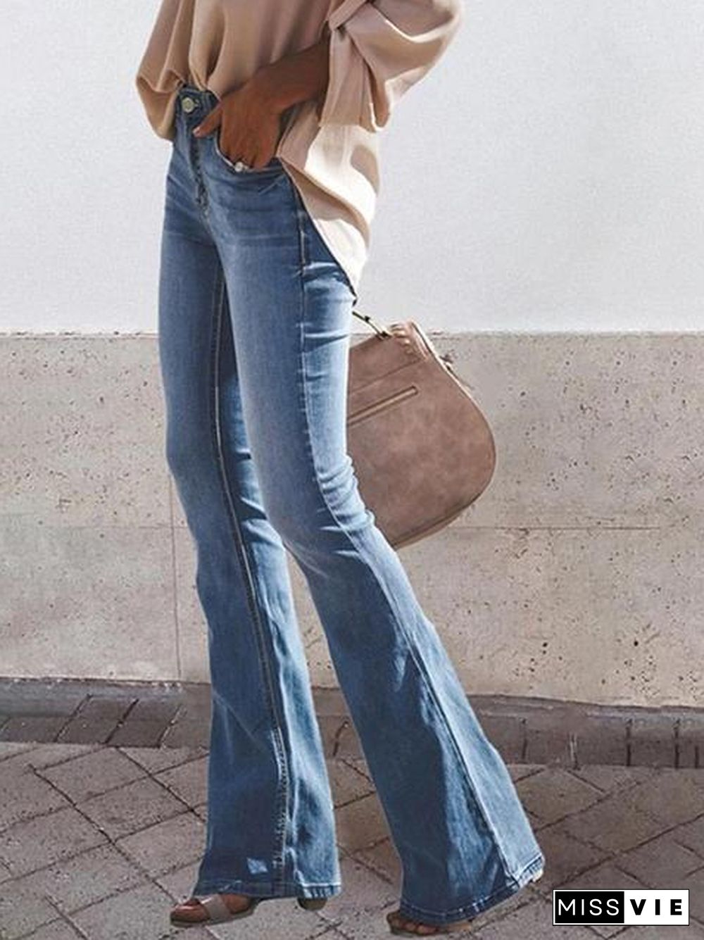 Washed Mid-Waist Flared Jeans