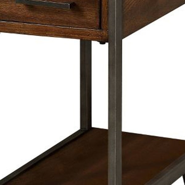 Rectangular Wood and Metal Side Table with USB Outlet， Brown and Gray