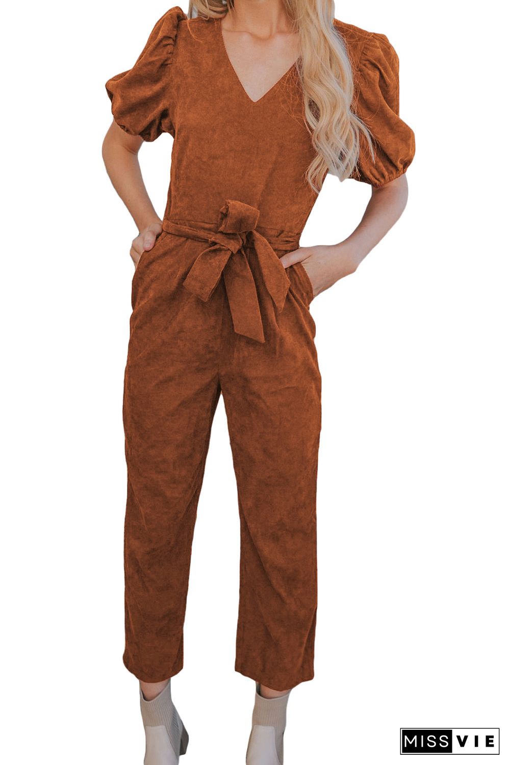 Brown Tie Knot Puff Sleeve Straight Leg High Rise Jumpsuit