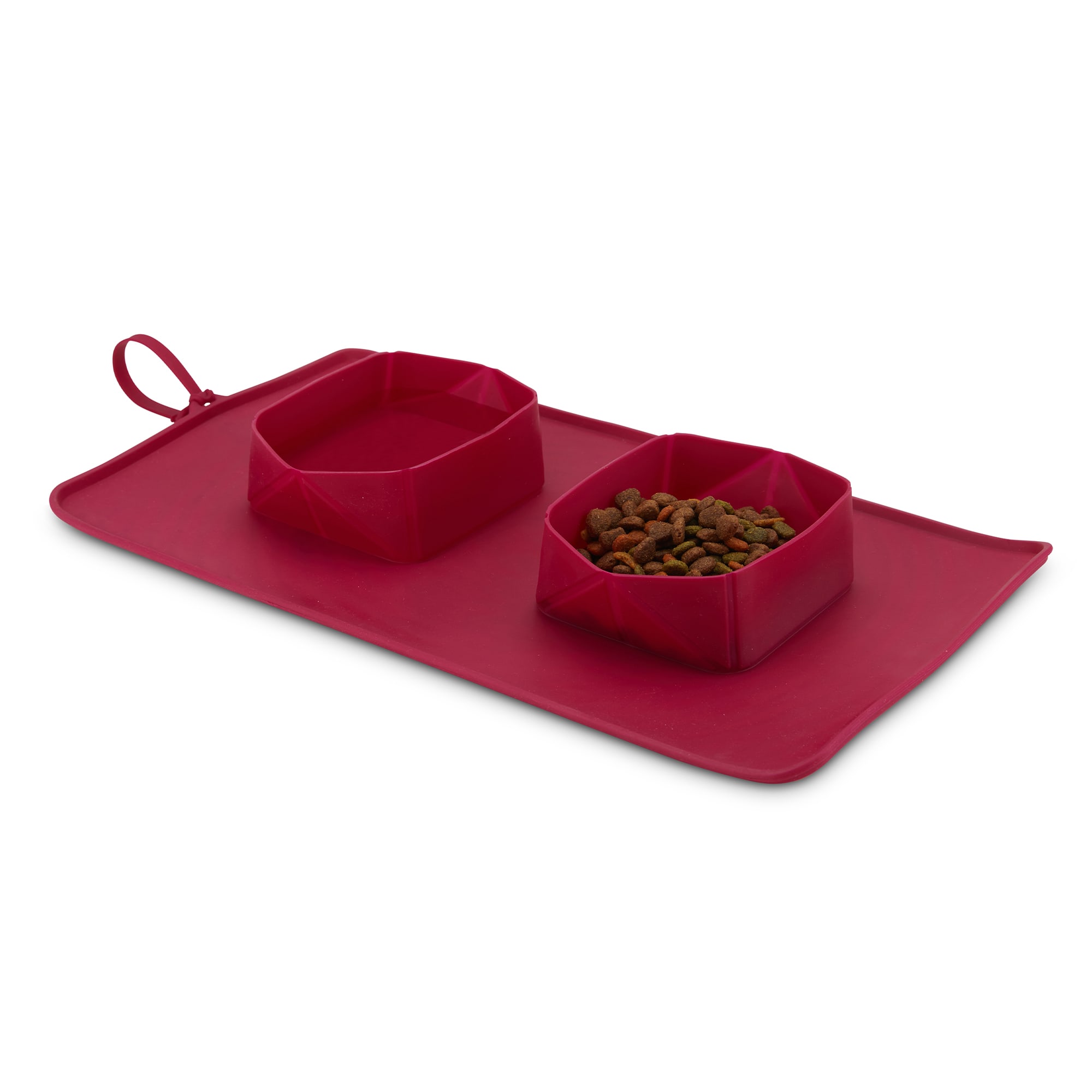 BLACK+DECKER Burgundy Collapsible Double Travel Dog Food Bowl and Mat， 2 Cups