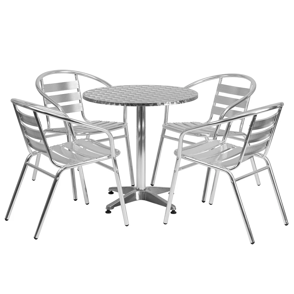 Emma and Oliver 27.5 Round Aluminum Table Set with 4 Slat Back Chairs