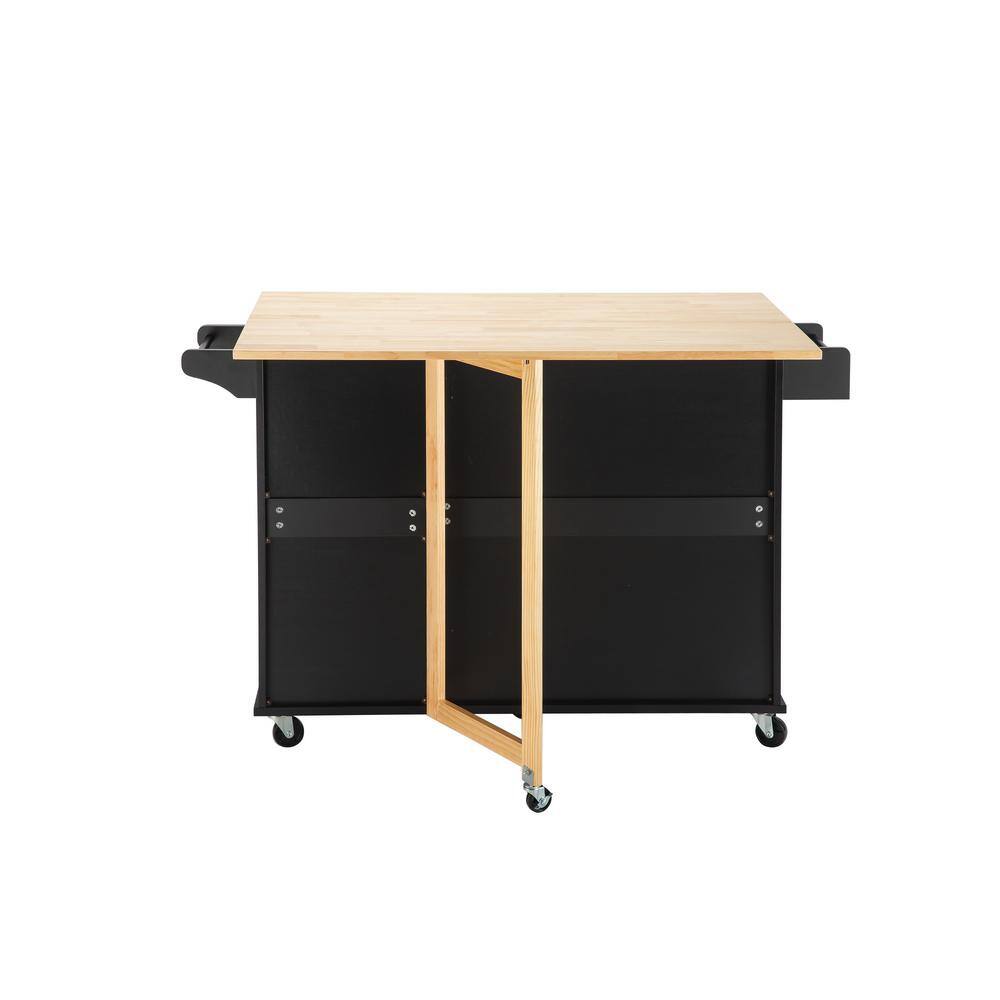 Tileon Black Rubber Wood 53.93 in. Kitchen Island with Drop Leaf Top 3-Drawers Adjustable Shelves and Spice Rack AYBSZHD2576