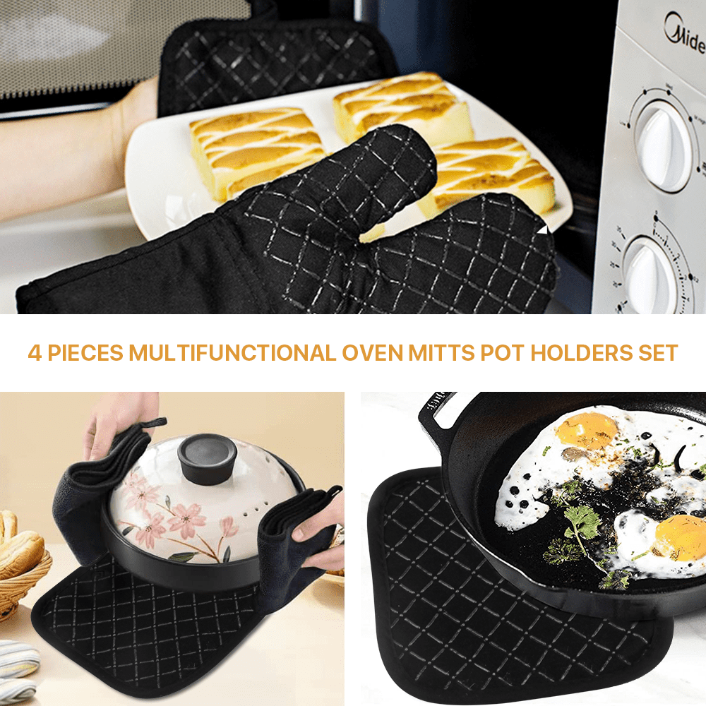 SUGARDAY Silicone Pot Holders and Oven Mitts Sets Kitchen Gloves Heat-Resistant Non-Slip for Baking Cooking Black 4 Pieces