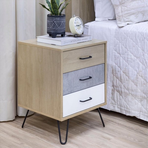 Side Table with 3 Drawers and Metal Hairpin Legs - 23.62 H x 17.56 W x 16.65 L Inches