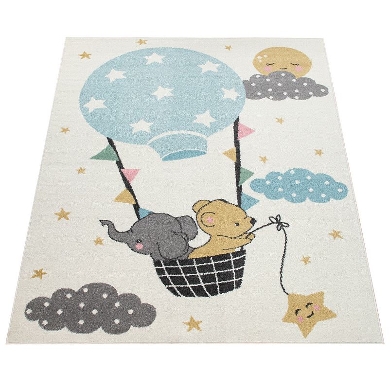 Kid▽s Rug for Nursery Bear and Elephant Balloon Ride in Beige