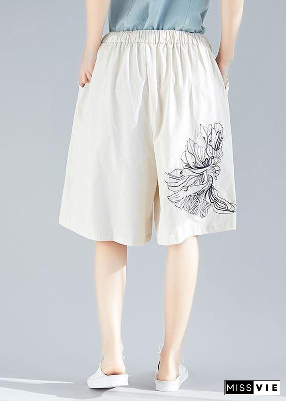 white embroidery blended loose pants casual elastic waist shorts