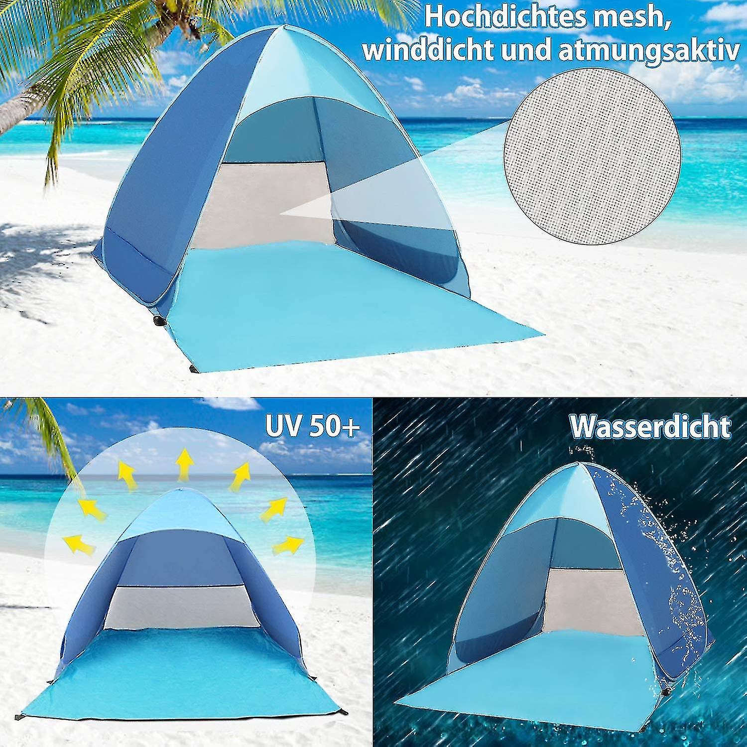 Pop Up Tent， Portable Light Beach Tent， Sun Shelter For 2-3 People， Carrying Bag Tent Pegs，uv Protection For Family，garden，camping (blue)