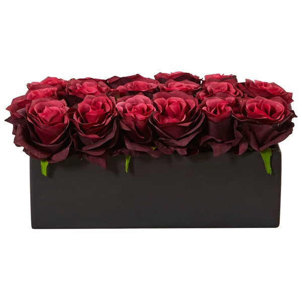 Nearly Natural Roses in Rectangular Planter