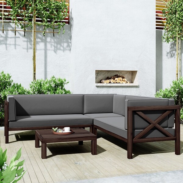 4-Piece Sectional Sofa Seating Group， Outdoor Patio Backyard Wood Frame Corner Sofa Design with Cushions and Table， X-Back Sofa - Overstock - 37254192