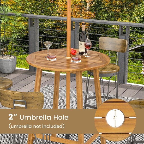 Gymax 31.5'' Patio Round Bar Table Acacia Wood W/Umbrella Hole Indoors