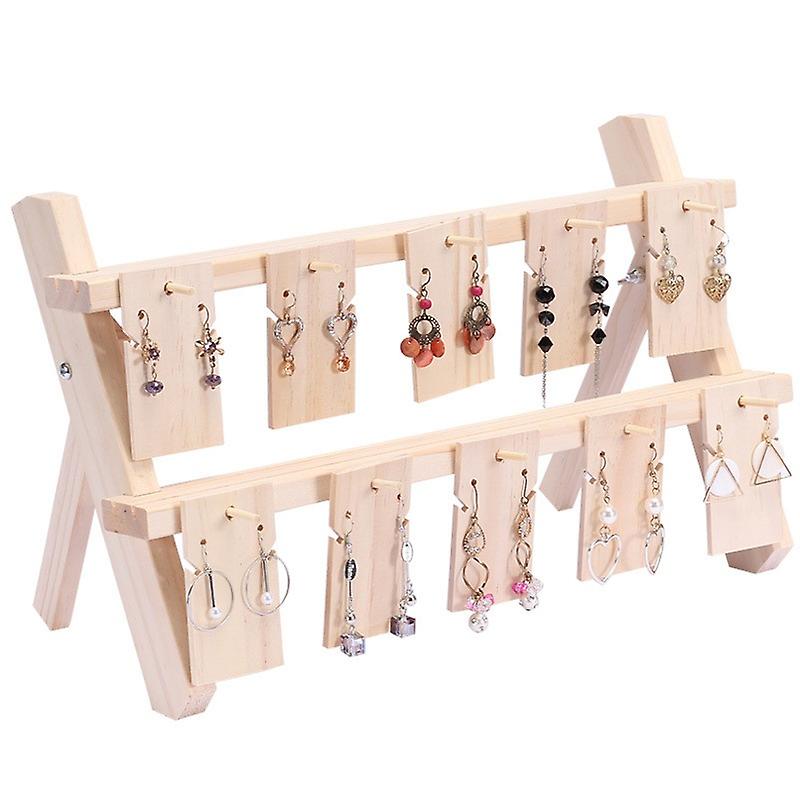 2-Tier Earring Display Stand Wooden Display Riser Retail Jewelry Card Display Stand with Groove and 10 Hooks