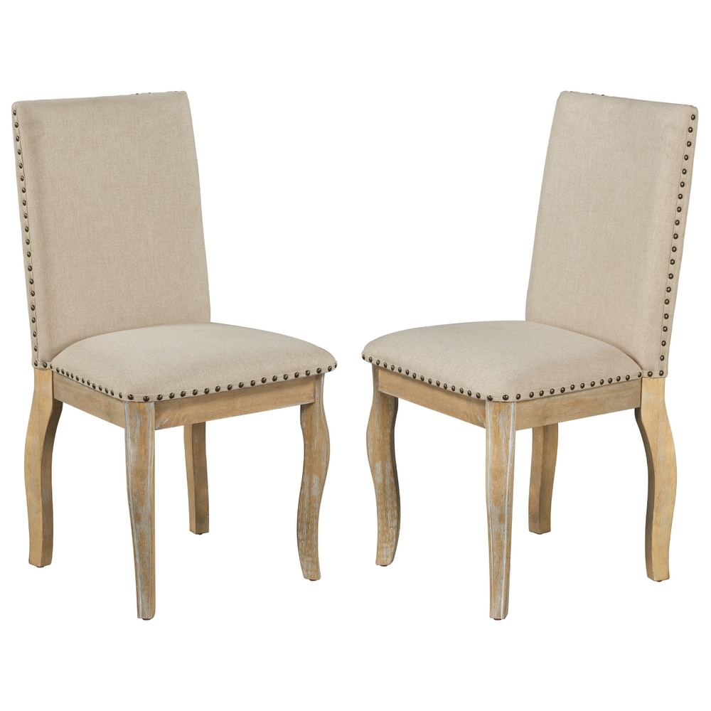 Set of 4 Dining Chairs with Solid Wood Legs  Mid Century Modern Upholstered Dining Room Chairs with Nailhead Decoration