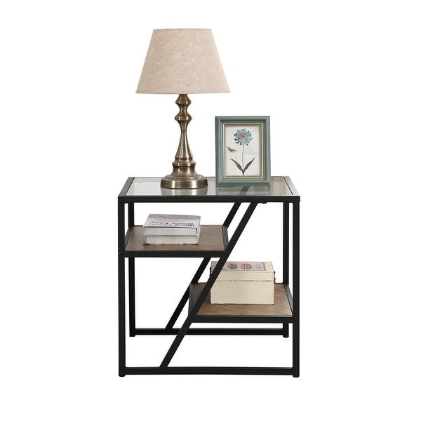 Side Table， End Table with Storage Shelf， Tempered Glass Coffee Table with Metal Frame