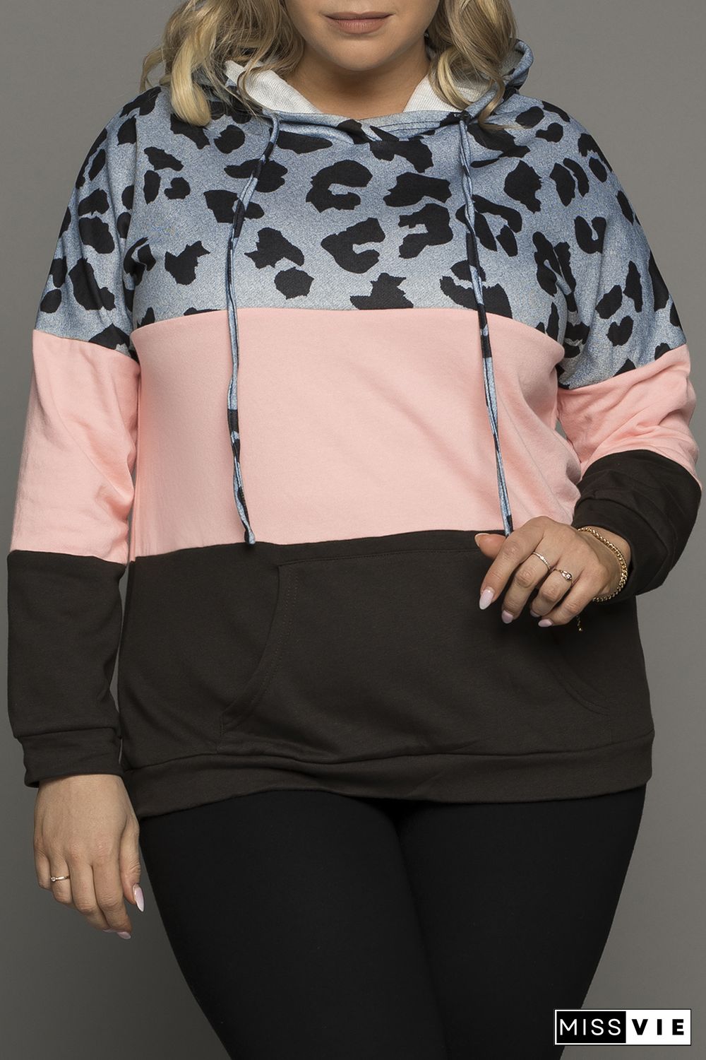 Plus Size Leopard Colorblock Splicing Hoodie with Pocket