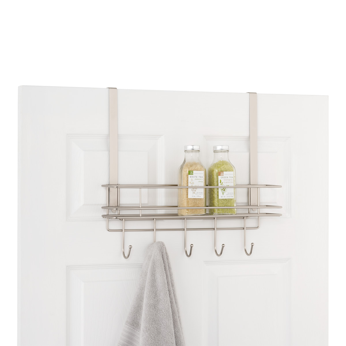 Satin Nickel Over the Door 5Hook Rack with Basket