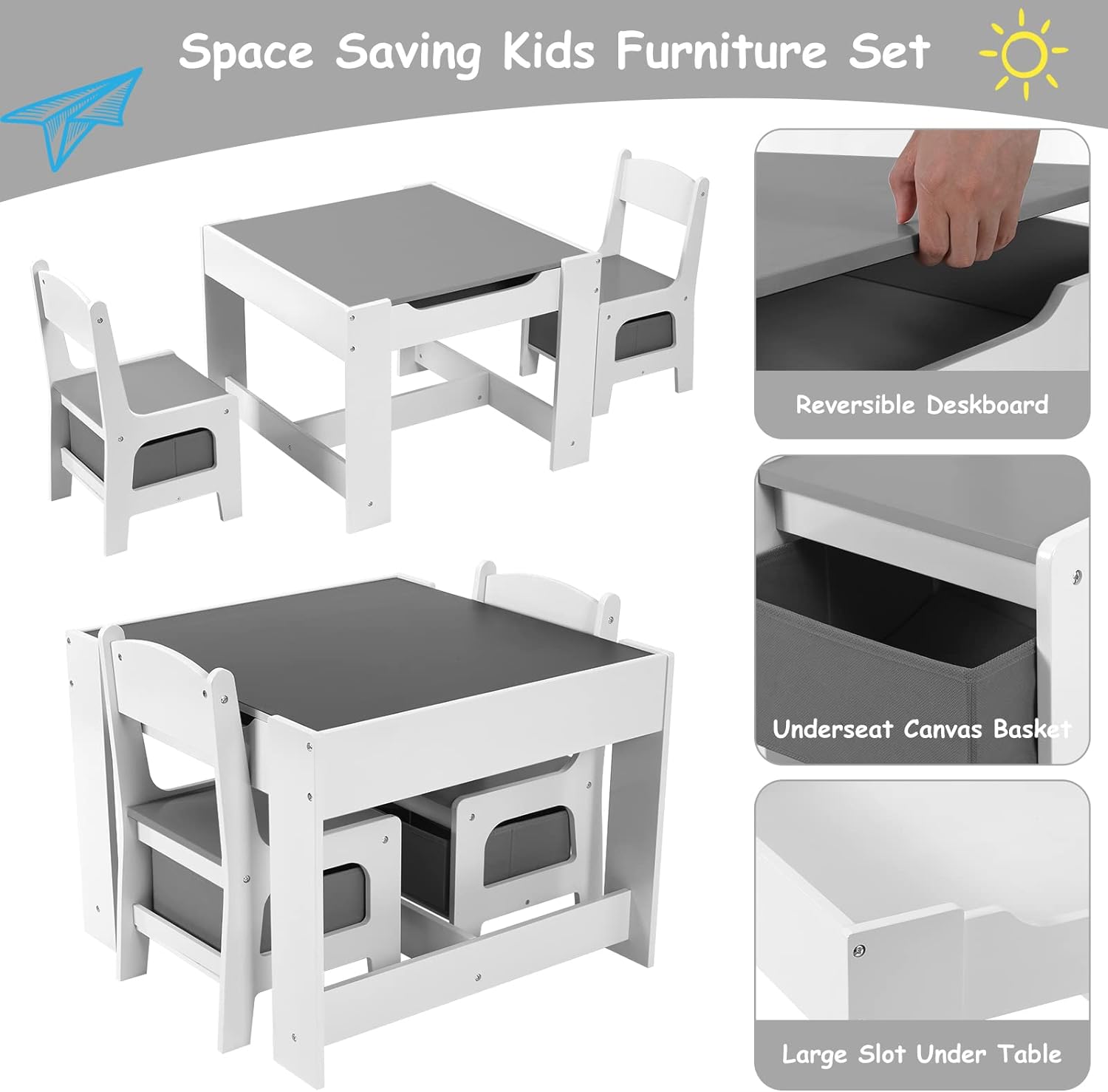 Kids Table and Chairs Set with Storage Drawers, Drawing Black Board Desk