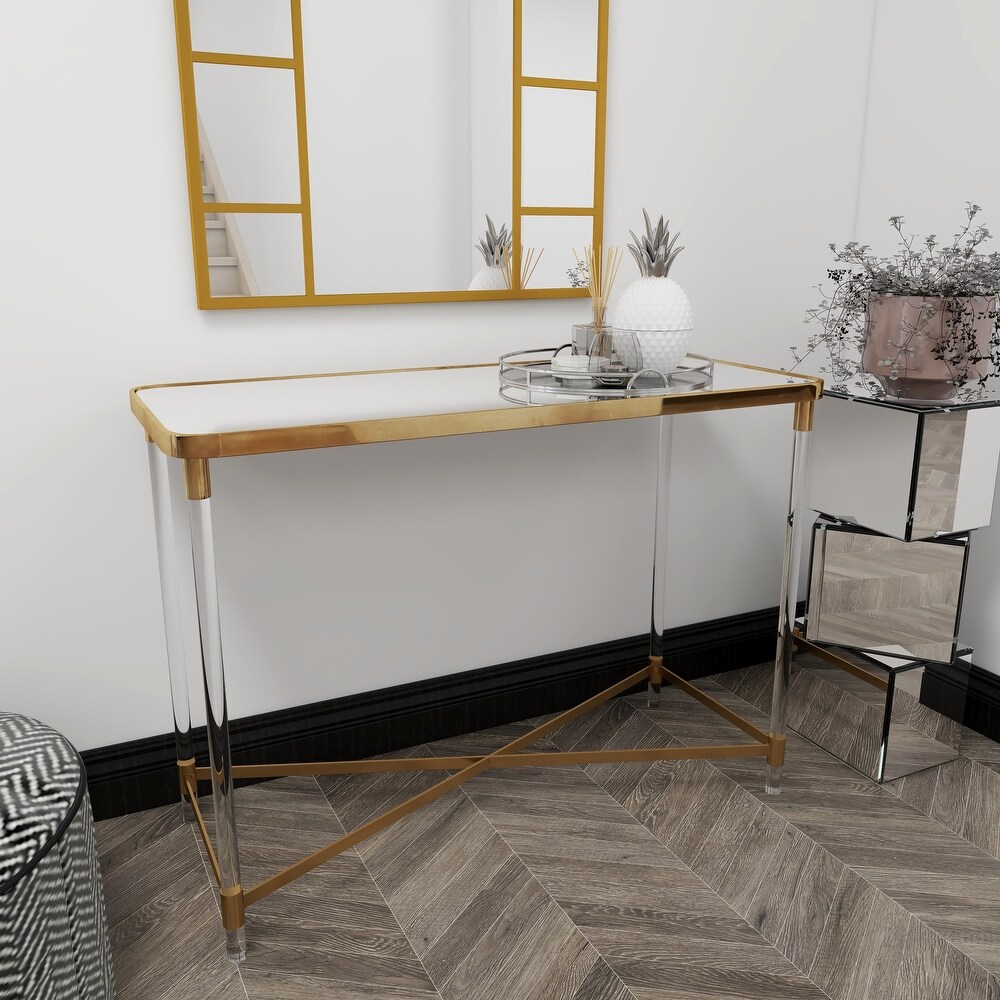 Gold Metal Contemporary Console Table with Mirrored Top and Acrylic Legs